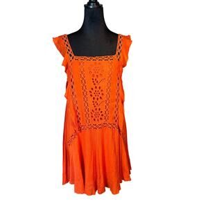 Free People Lace Trim Orange Sleeveless Mini Dress sz M